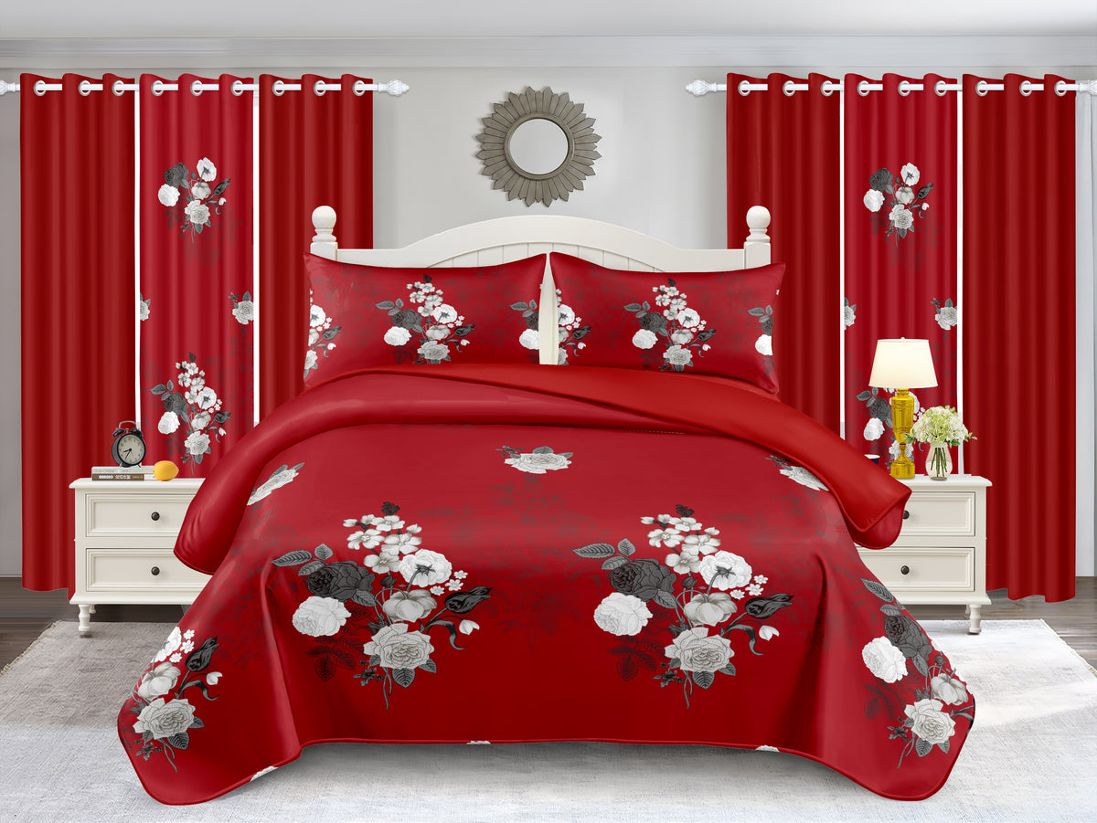 Juego de cubrecama acolchado y cortinas de 9 piezas con diseño floral rojo y blanco