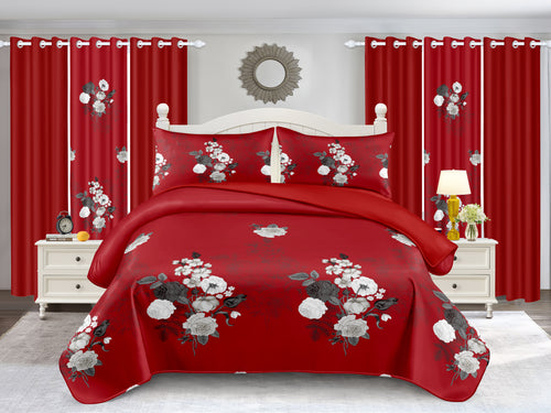 Juego de cubrecama acolchado y cortinas de 9 piezas con diseño floral rojo y blanco